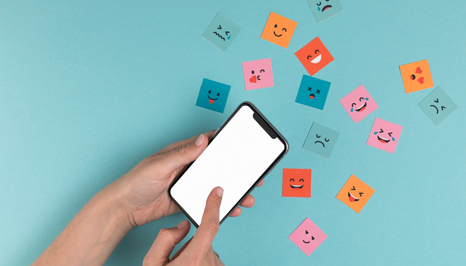 hand-using-phone-smiling-faces-mock-up